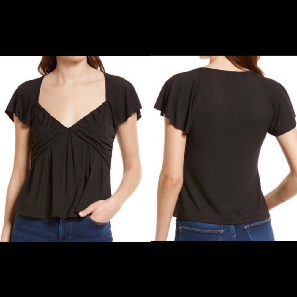 Frame Womens SZ XS Black Shirred Flounce Top Short Sleeve Style# LTWS1761 NEW‎